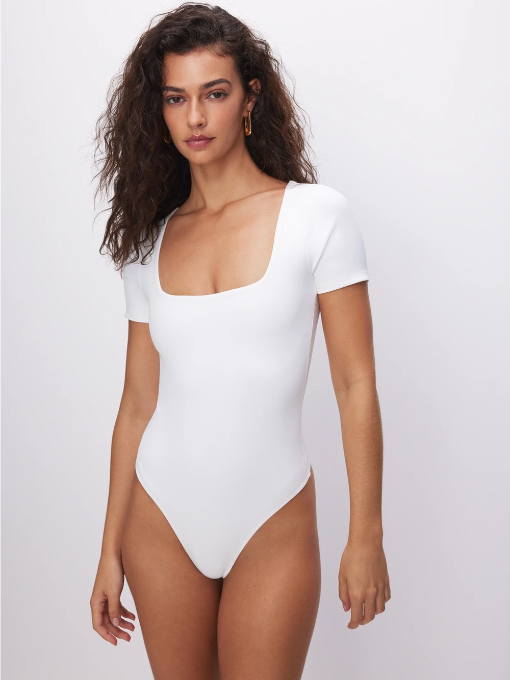Good American White Sculpting Square-Neck Short Sleeve Bodysuit